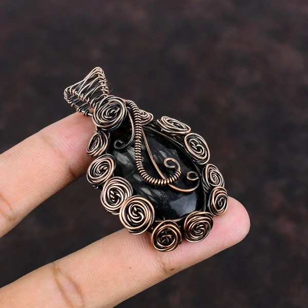 Picasso Jasper Oval Black Handmade Copper Wire Wrapped Pendant