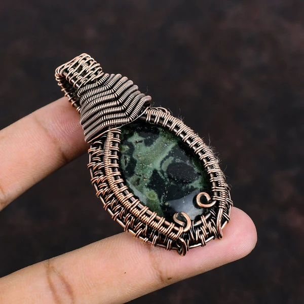 Kambaba Jasper Oval Green Handmade Copper Wire Wrapped Pendant