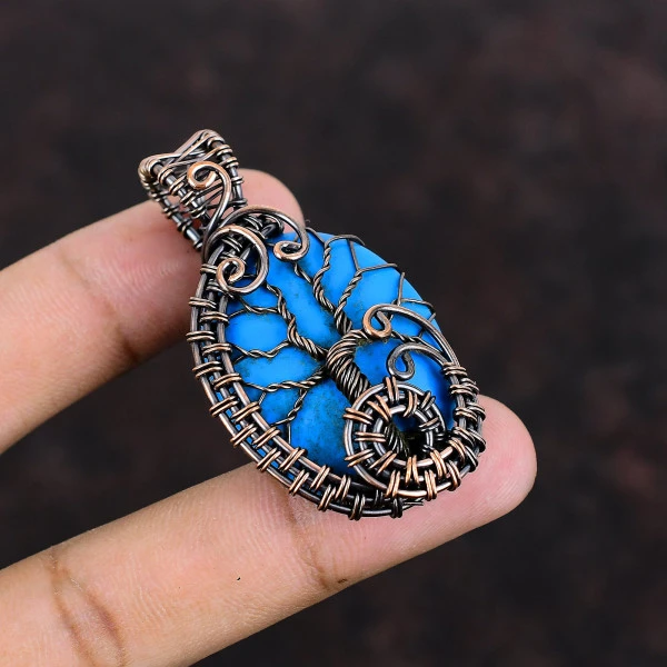 Sleeping Beauty Turquoise Oval Blue Handmade Copper Wire Wrapped Pendant