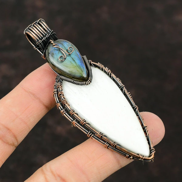 Scolecite Pear White Handmade Copper Wire Wrapped Pendant