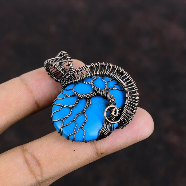 Sleeping Beauty Turquoise Oval Blue Handmade Copper Wire Wrapped Pendant