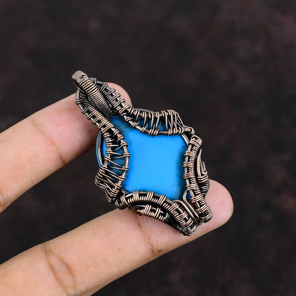 Sleeping Beauty Turquoise Oval Blue Handmade Copper Wire Wrapped Pendant