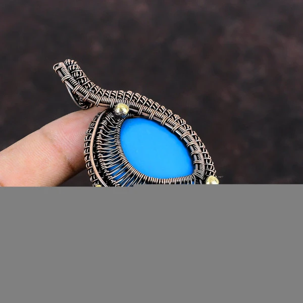 Sleeping Beauty Turquoise Oval Blue Handmade Copper Wire Wrapped Pendant