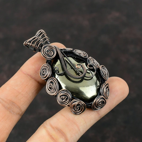 Apache Pyrite Oval Gold Handmade Copper Wire Wrapped Pendant