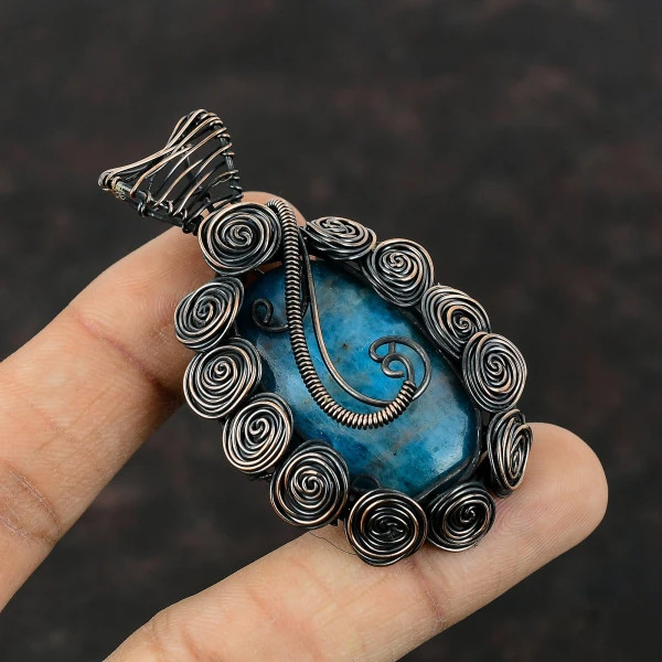 Neon Apatite Oval Blue Handmade Copper Wire Wrapped Pendant