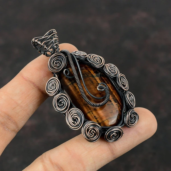 Tiger's Eye Oval Brown Handmade Copper Wire Wrapped Pendant