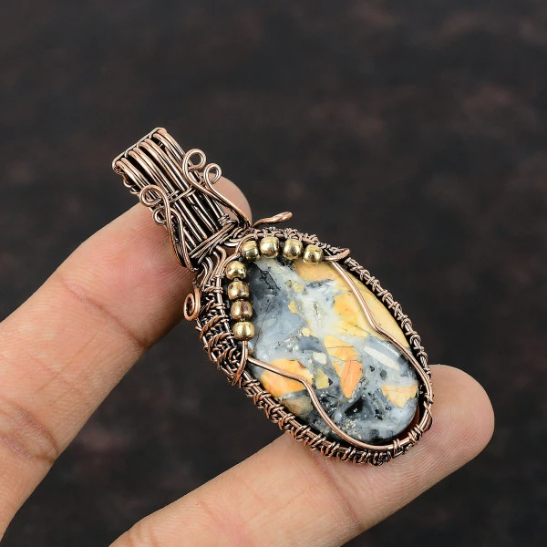 Maligano Jasper Oval Yellow Handmade Copper Wire Wrapped Pendant