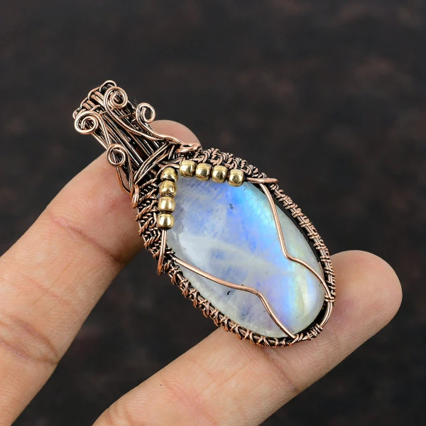 Rainbow Moonstone Oval White Handmade Copper Wire Wrapped Pendant