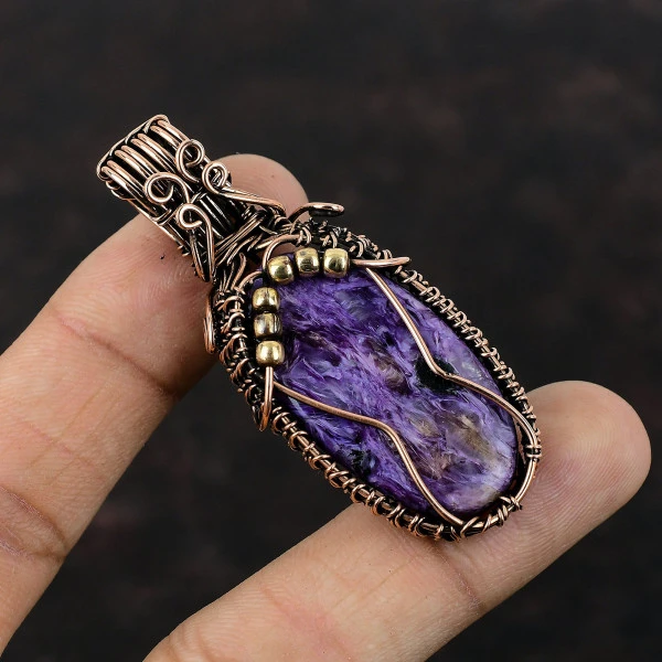 Charoite Oval Purple Handmade Copper Wire Wrapped Pendant