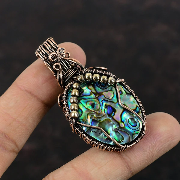 Abalone Shell Oval Green Handmade Copper Wire Wrapped Pendant