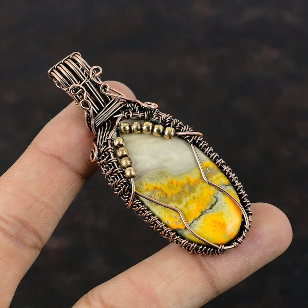 Bumble Bee Jasper Oval Yellow Handmade Copper Wire Wrapped Pendant
