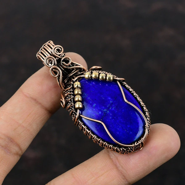 Lapis Lazuli Oval Blue Handmade Copper Wire Wrapped Pendant