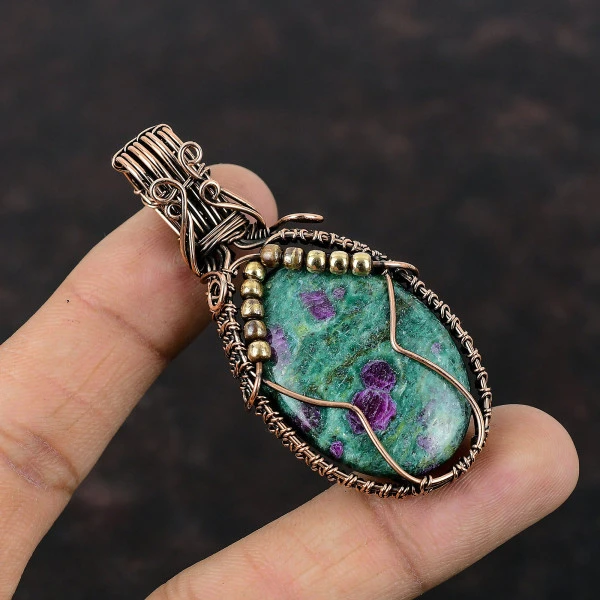 Ruby Fuchsite Oval Green Handmade Copper Wire Wrapped Pendant