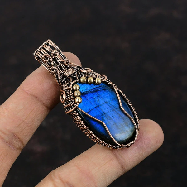 Labradorite Oval Gray Handmade Copper Wire Wrapped Pendant