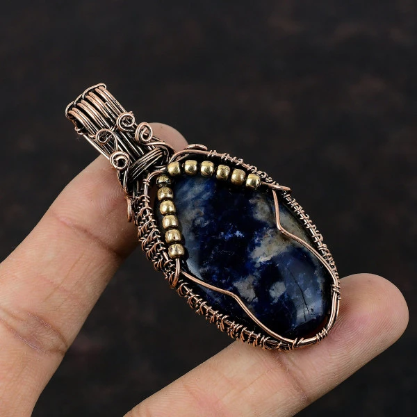 Sodalite  Oval Blue Handmade Copper Wire Wrapped Pendant
