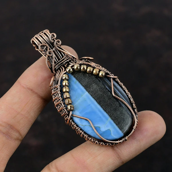 Owyhee Blue Opal Oval Blue Handmade Copper Wire Wrapped Pendant