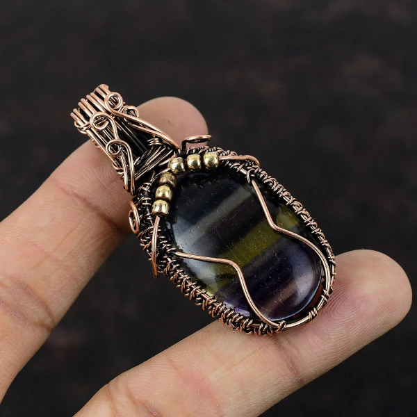 Multi Fluorite Oval Purple Handmade Copper Wire Wrapped Pendant