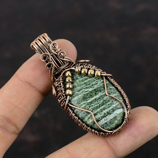 Green Swiss Opal Oval Green Handmade Copper Wire Wrapped Pendant