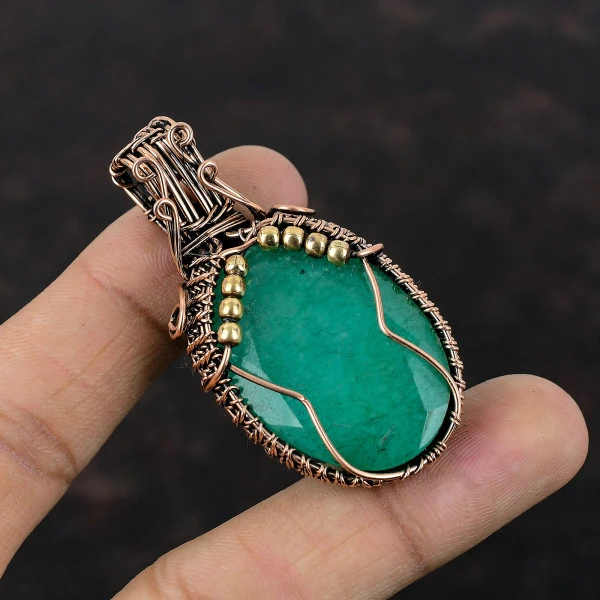 Zambian Emerald Oval Green Handmade Copper Wire Wrapped Pendant