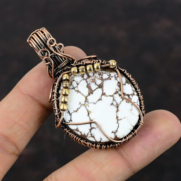 Wild Horse Magnesite Round White Handmade Copper Wire Wrapped Pendant