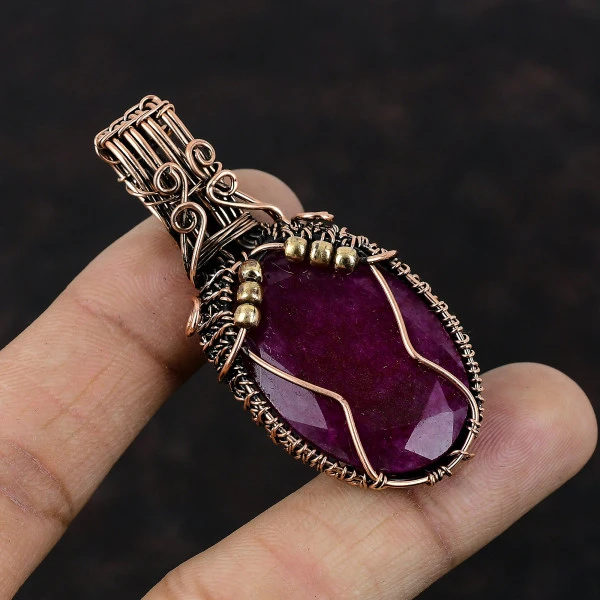Kashmir Ruby Oval Red Handmade Copper Wire Wrapped Pendant