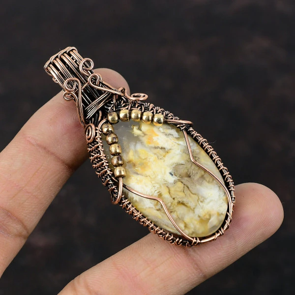 Plume Agate Oval Yellow Handmade Copper Wire Wrapped Pendant