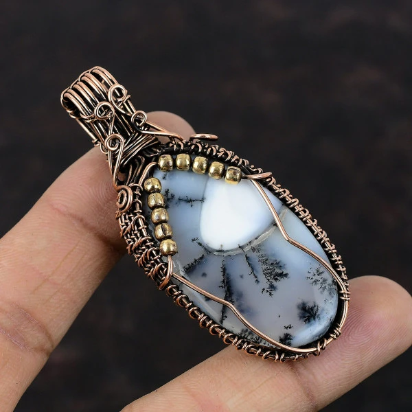 Dendrite Opal Oval Gray Handmade Copper Wire Wrapped Pendant