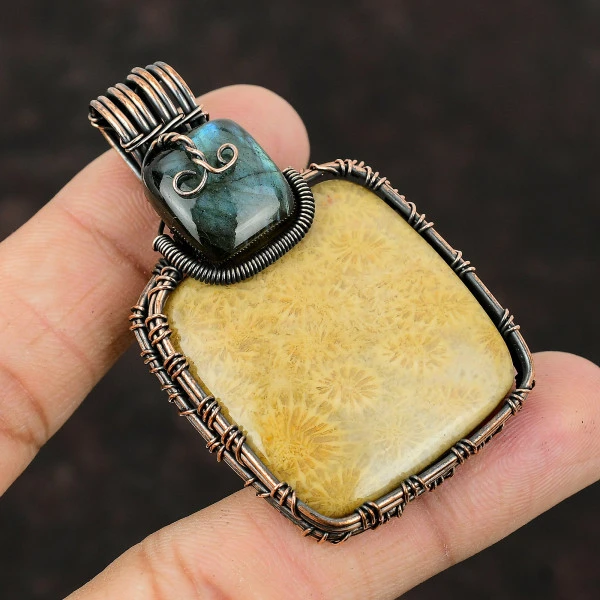 Fossil Coral Radiant Yellow Handmade Copper Wire Wrapped Pendant