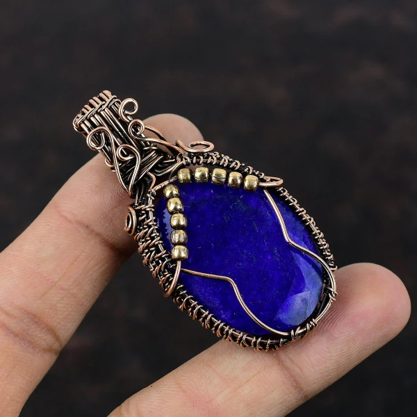 Blue Sapphire Oval Blue Handmade Copper Wire Wrapped Pendant