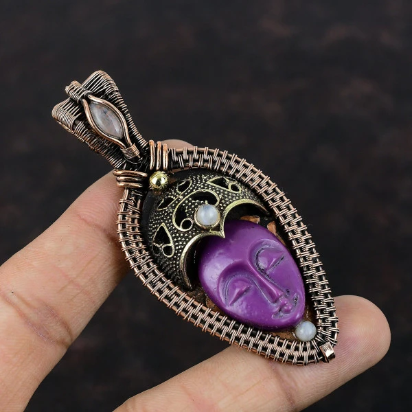 Purple Carved Bone Face Oval Purple Handmade Copper Wire Wrapped Pendant
