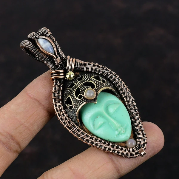 Green Carved Bone Face Oval Green Handmade Copper Wire Wrapped Pendant