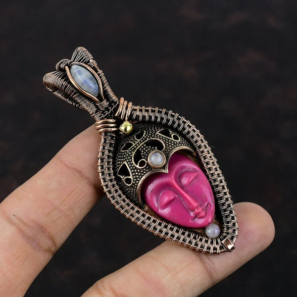 Pink Carved Bone Face Oval Pink Handmade Copper Wire Wrapped Pendant