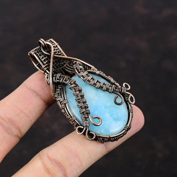 Hemimorphite Oval Blue Handmade Copper Wire Wrapped Pendant