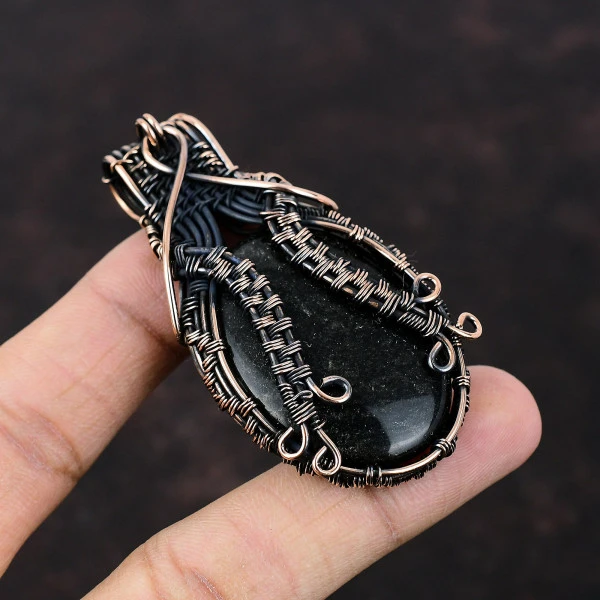 Silver Sheen Obsidian Oval Black Handmade Copper Wire Wrapped Pendant