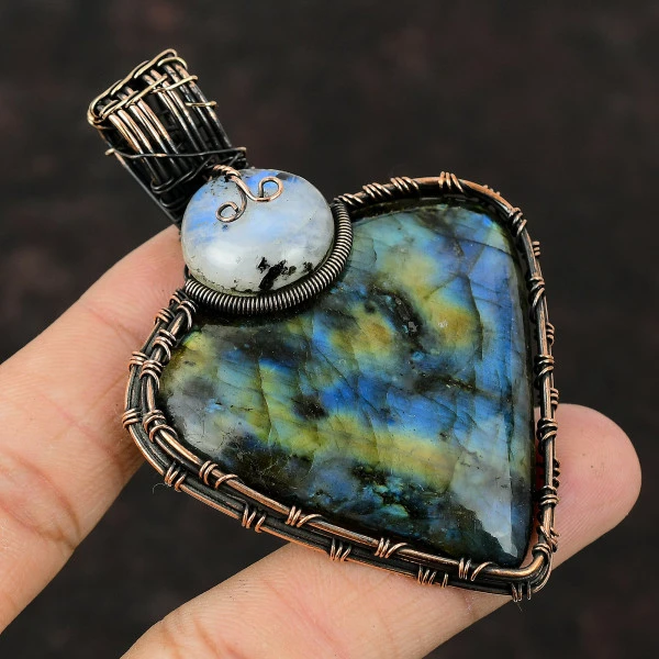 Labradorite Trillion Gray Handmade Copper Wire Wrapped Pendant