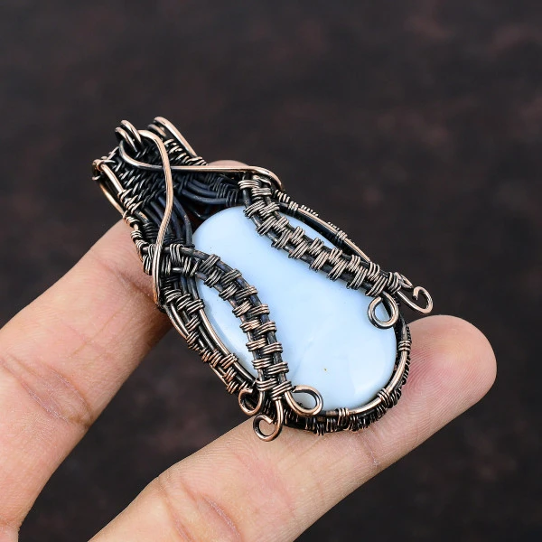 Owyhee Blue Opal Oval Blue Handmade Copper Wire Wrapped Pendant
