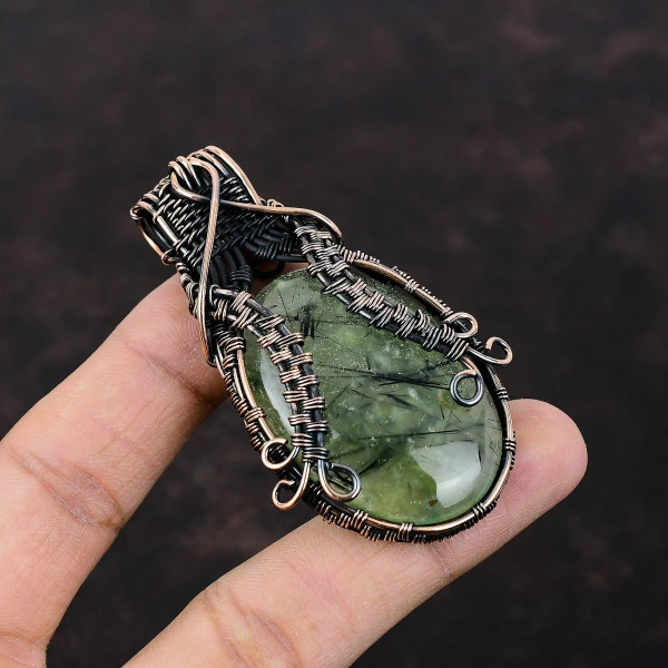 Moss Prehnite Oval Green Handmade Copper Wire Wrapped Pendant