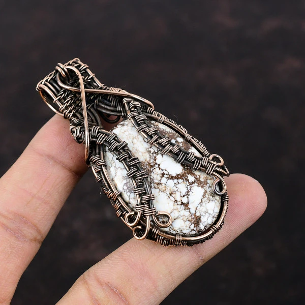 Wild Horse Magnesite Oval White Handmade Copper Wire Wrapped Pendant
