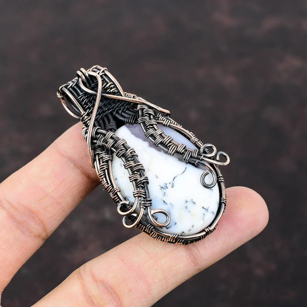 Dendrite Opal Oval White Handmade Copper Wire Wrapped Pendant