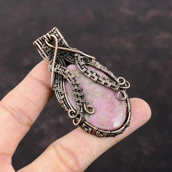 Rhodonite Oval Pink Handmade Copper Wire Wrapped Pendant