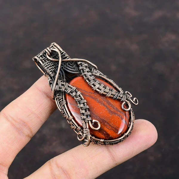 Red Snakeskin Jasper Oval Red Handmade Copper Wire Wrapped Pendant