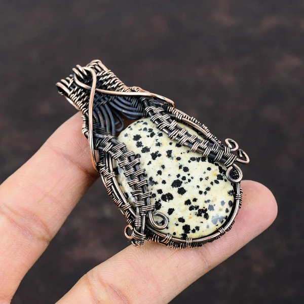 Dalmatian Jasper Oval Black Handmade Copper Wire Wrapped Pendant