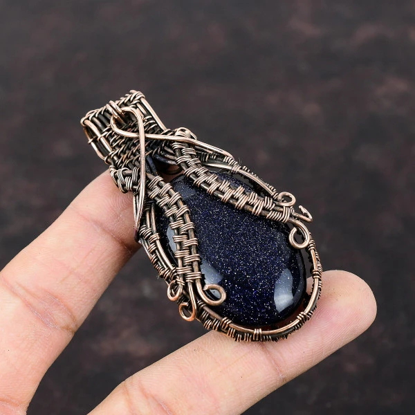 Blue Sunstone Oval Blue Handmade Copper Wire Wrapped Pendant