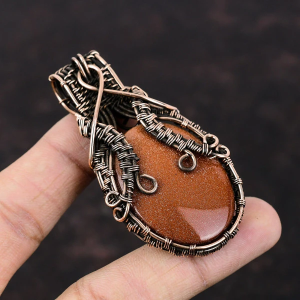Sun Sitara Oval Orange Handmade Copper Wire Wrapped Pendant