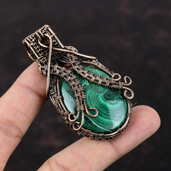 Malachite Oval Green Handmade Copper Wire Wrapped Pendant