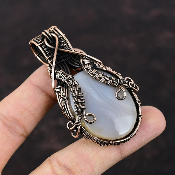 Botswana Agate Oval White Handmade Copper Wire Wrapped Pendant