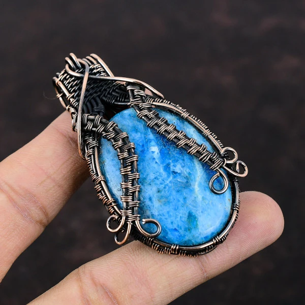 Neon Apatite Oval Blue Handmade Copper Wire Wrapped Pendant