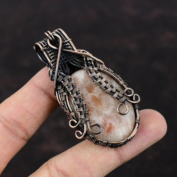 Sunstone Oval Orange Handmade Copper Wire Wrapped Pendant