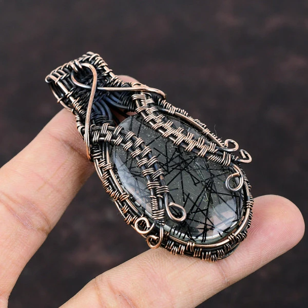 Black Rutile Oval Black Handmade Copper Wire Wrapped Pendant
