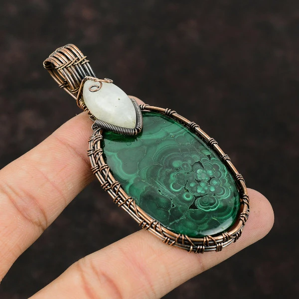 Malachite Oval Green Handmade Copper Wire Wrapped Pendant